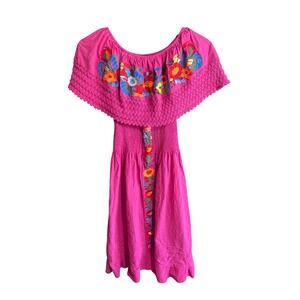 ZXD Pink Cotton Floral Embroidered Mexican Peasant Dress Off Shoulder Smocked L